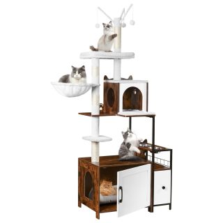 Mueble Rascador con Arenero Interior + Estación de Alimentos Elevada para Gatos 71x45x171 Cm