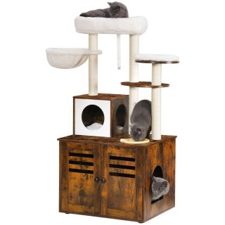 Mueble Rascador con Arenero Interior + Condominio + Estación de Alimento para Gatos 62x50x131 Cm