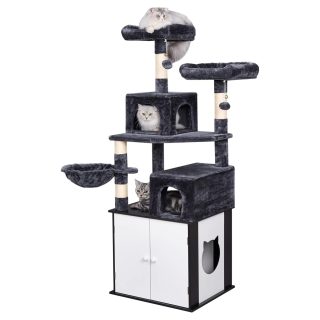 Mueble Rascador con Arenero Interior + Doble Condominio y Escalas para Gatos 50x48x165 Cm