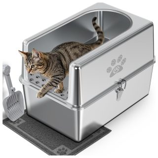 Arenero Abierto con Borde de Acero Inoxidable para Gatos + Alfombra y Pala