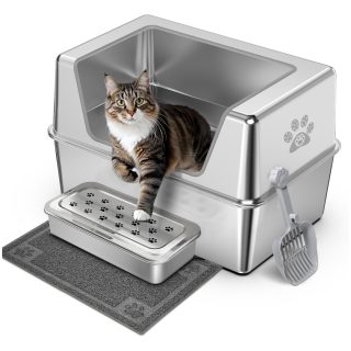 Arenero Abierto Alto Grande de Acero Inoxidable para Gatos + Alfombra y Pala