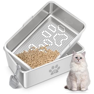 Arenero Abierto de Acero Inoxidable con Bandeja Tamiz para Gatos 59x39x20 Cm
