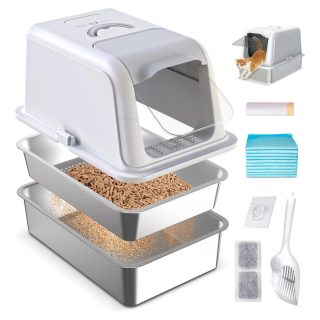 Arenero Cerrado con Bandeja Tamiz de Acero Inoxidable para Gatos 60x40x47 Cm + Pala,Sabanilla,Bolsas