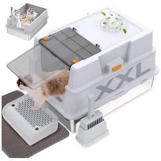 Arenero Cerrado con Bandeja de Acero Inoxidable Extra Grande para Gatos 50x71x43 Cm + Alfombra y Pala