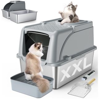 Arenero Cerrado con Bandeja de Acero Inoxidable con Entrada 180° para Gatos 60x40x42 Cm