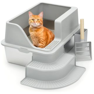 Arenero Abierto con Bandeja de Acero Inoxidable para Gatos + Pala 60x39x30 Cm