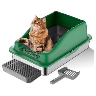 Arenero Abierto con Borde y Bandeja de Acero Inoxidable para Gatos 53x31x39 Cm