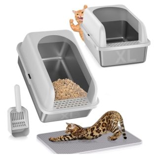 2 Areneros con Bandeja de Acero Inoxidable y Borde Alto  60x30x40 Cm C/u + Alfombra y Pala