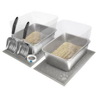 2 Bandejas de Acero Inoxidable con Bordes Extras Altos para Gato 44x35x14 Cm C/u