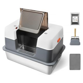 Arenero Cerrado con Bandeja de Acero Inoxidable para Gatos de 60x39x39 Cm + Alfombra y Pala