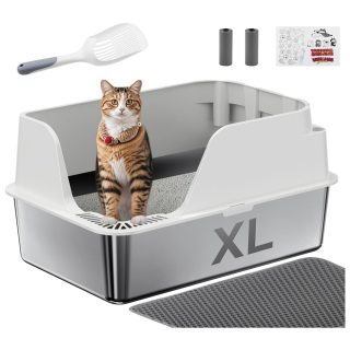 Arenero Abierto con Bandeja de Acero Inoxidable y Borde Alto para Gatos de 60x40x30 Cm +  Pala y Alfombra Recolectora