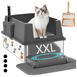 Arenero Abierto con Bandeja de Acero Inoxidable y Bordes Altos para Gato 33x61x41 Cm