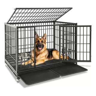 Jaula de Metal con Ruedas para Perros – Bandeja Extraíble y 2 Comederos (120x76x92 cm)