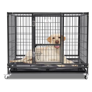 Jaula de Acero Plegable y Apilable para Perros – Doble Puerta, Bandeja Extraíble (109x71x90 cm)