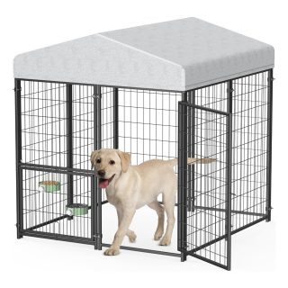 Jaula de Metal para Perros de Exterior – Con Techo, Comederos (124x122x134 cm)