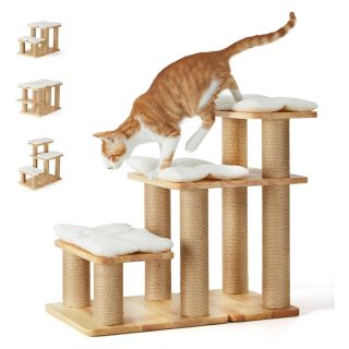 Escalera de Madera Maciza para Gatos y Perros – Con Rascador y Soporte 90 kg (55x32x51 cm)