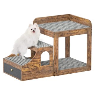 Escalera de Madera para Perros con Gaveta y Plataforma Antideslizante – Soporta 113 kg (105x71x55 cm)