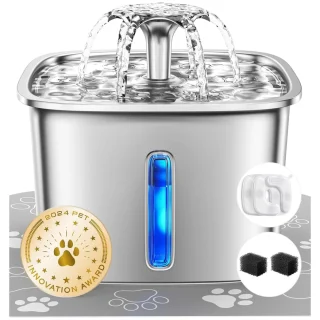 Fuente de Agua de Acero Inoxidable para Mascotas 2.8 L con Luz LED