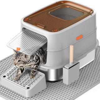 Arenero Cerrado con Bandeja de Acero Inoxidable Grande para Gatos 60x43x41 Cm