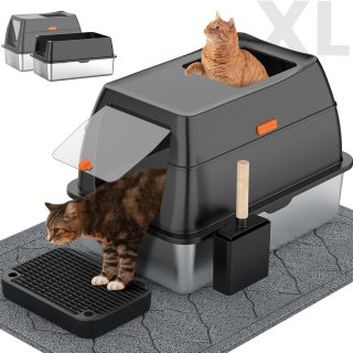 Caja de Arena Multiuso de Acero Inoxidable Con Alfombra + Rascador para Gatos 39x59x39 Cm