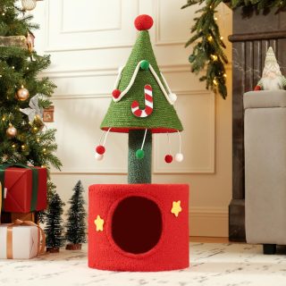 Torre Rascador  de Navidad con Casa para Gatos 35x35x81 Cm