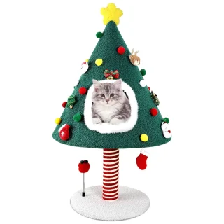 Árbol Rascador Navideño para Gatos (51x51x91 cm) | Nido Iglú y Poste de Sisal Duradero | Decoración Festiva 2 en 1