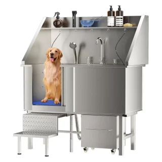 Bañera Profesional para Perros de Acero Inoxidable – 152x43x127 cm – Componentes Incluidos