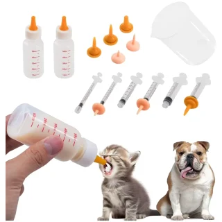 Kit de Alimentación para Cachorros y Gatitos | Biberones y Jeringas (2 botellas, 6 jeringas, 10 pezones, 1 taza medidora)