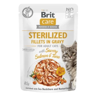 BRIT CARE STERILIZED FILETES DE SALMÓN Y ATÚN EN SALSA 85gr