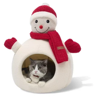 Cama Cueva Muñeco de Nieve (41x41x56 cm) | Navideña, Antideslizante y Felpa Cálida | Hasta 7 kg