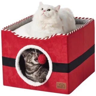 Casa Cueva 2 en 1 Navideña para Gatos (42x42x33 cm) | Plataforma de Descanso y Escondite Cerrado | Plegable