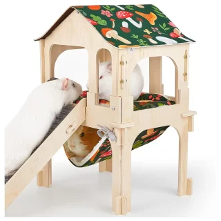 Casa Escondite de Madera para Cuy y Roedores (30x22x45 cm) | 2 Niveles Desmontables y Escalera Antideslizante