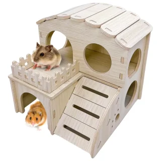 Casa Hámster Laberinto (2 Pisos) Madera Natural (16x16x16 cm) | Escondite y Cabaña para Jerbos y Ratones