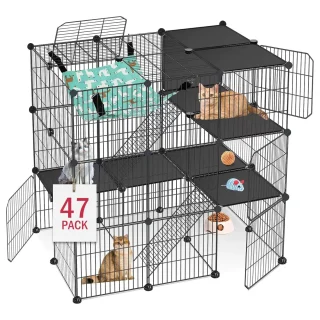 Corral Jaula de 3 Niveles para Gatos (91x61x91 cm) | Armado Personalizable, 5 Puertas y Hamaca
