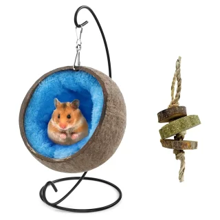 Escondite Iglú de Cáscara de Coco Natural para Hámster: Cama 2-en-1 (Frío/Calor), Colgante y Juguete Molar Incluido