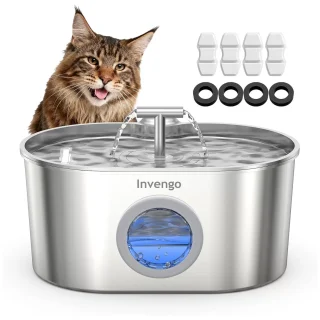 Fuente de Agua Acero Inoxidable 2.2 Litros Gatos y Perros Ventana Nivel y Luz LED