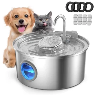 Fuente de Agua Acero Inoxidable 3.2 Litros Gatos y Perros Silenciosa con Ventana y 4 Filtros