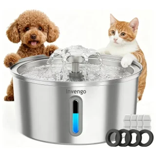 Fuente de Agua Acero Inoxidable 3.2 Litros Gatos y Perros Ventana Nivel y Luz LED