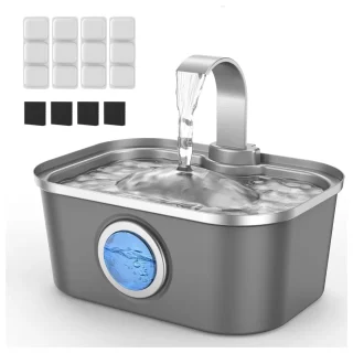 Fuente de Agua Acero Inoxidable 3.5 Litros Gatos y Perros Ventana LED y Filtro