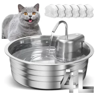 Fuente de Agua Acero Inoxidable 4 Litros Gatos y Perros Silenciosa Tipo Grifo y Filtro