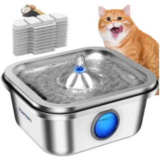 Fuente de Agua Acero Inoxidable 4 Litros Gatos y Perros Ventana Nivel y Luz LED + 10 Filtros