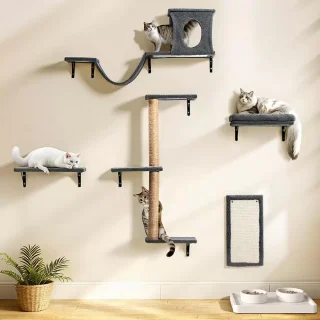 Gimnasio de Pared para Gatos Set 5 Piezas: Puente, Cama y Rascador de Madera Solida