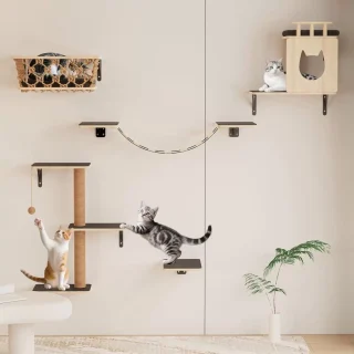 Gimnasio de Pared para Gatos Set 5 en 1 de Madera Solida con Cesta y Estantes Reforzados