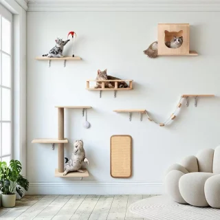 Gimnasio de Pared para Gatos Set 6 Piezas: Puente, Casa y Rascador de Madera Solida
