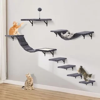 Gimnasio de Pared para Gatos Set 7 Piezas: Escalera, Rascador y Repisas de Madera