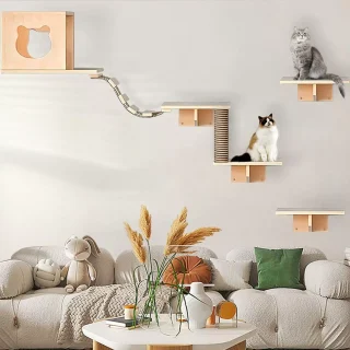 Gimnasio de Pared para Gatos Set 7 Piezas: Madera Pino, Casa y Rascador