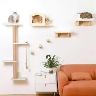 Gimnasio de Pared para Gatos Set Completo: Arbol 4 Niveles, Casa y Escalones con Soportes Metalicos