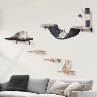 Gimnasio de Pared para Gatos Set Completo: Madera Pino, Hamaca, Sofa y Rascador