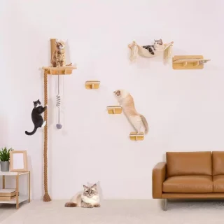 Gimnasio de Pared para Gatos – Set Completo de Madera Solida con Cama, Rascador y Comedero