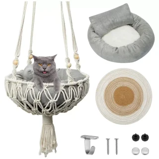 Hamaca Colgante de Macrame para Gatos Pequeños (100×30 cm) con Cama y Rascador Estilo Boho